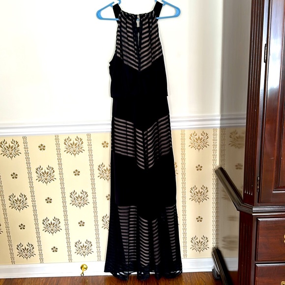 London Times Maxi Dress Chevron Halter 8 Black Stretch Burnout Blouson Waist - Picture 7 of 12